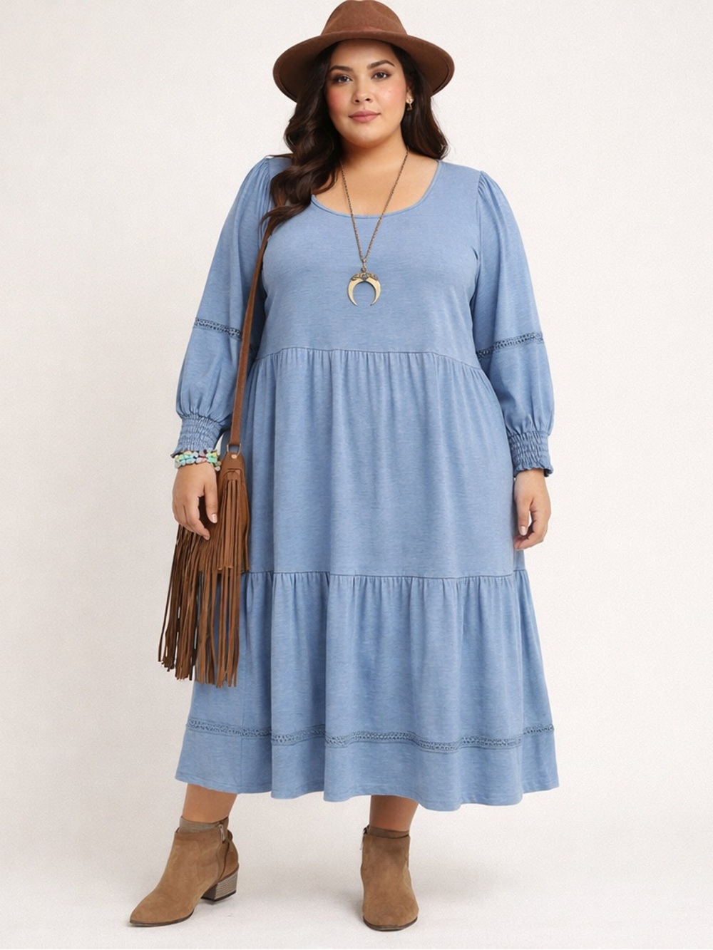 CANYON RETREAT Blue Easy Midi Boot Dress Size 1X Tiered Boho Coastal Cottagecore